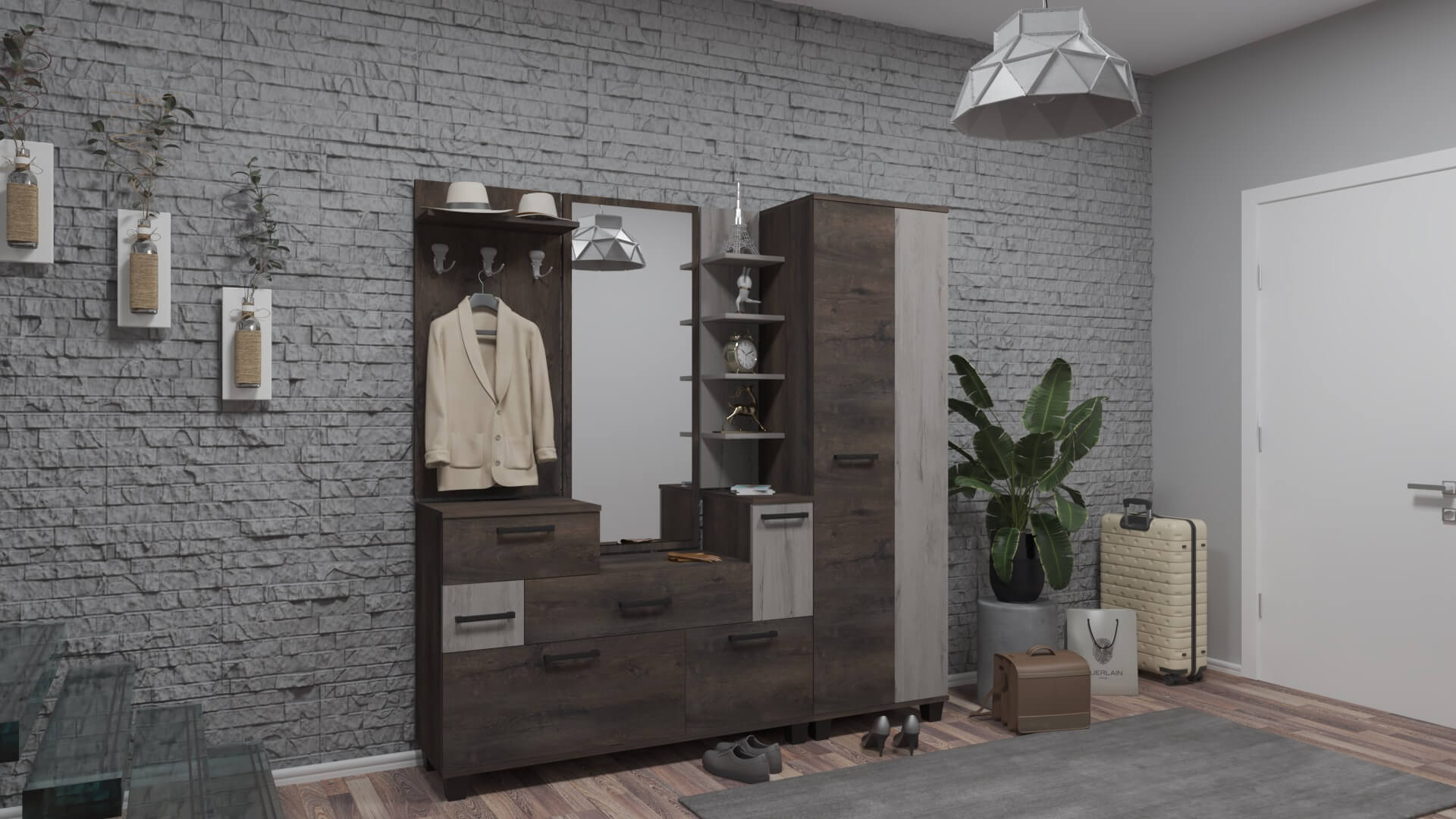 Corpus Garden Előszoba 190 cm Iszap Tölgy-Ében Tölgy AZ ÁR NEM TARTALMAZZA A FALI POLCOT, A FALI TÜKRÖT, A FALI FOGAST!