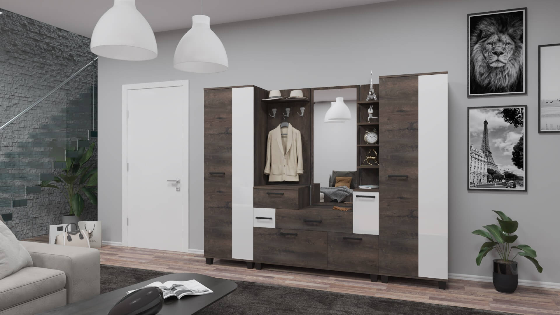 Corpus Garden Előszoba 250 cm Iszap Tölgy-Magasfényű Fehér AZ ÁR NEM TARTALMAZZA A FALI POLCOT, A FALI TÜKRÖT, A FALI FOGAST!